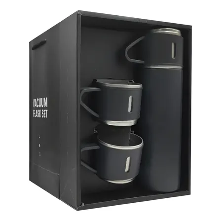 Garrafa Térmica 500ml Em Inox Com Kit 3 Xícara Café Preto Preto