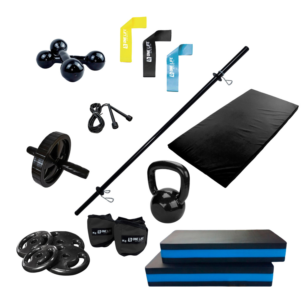Kit Treino em Casa c/ Barra + Steps + Pesos + Colchonete + Roda + Corda + Mini Bands