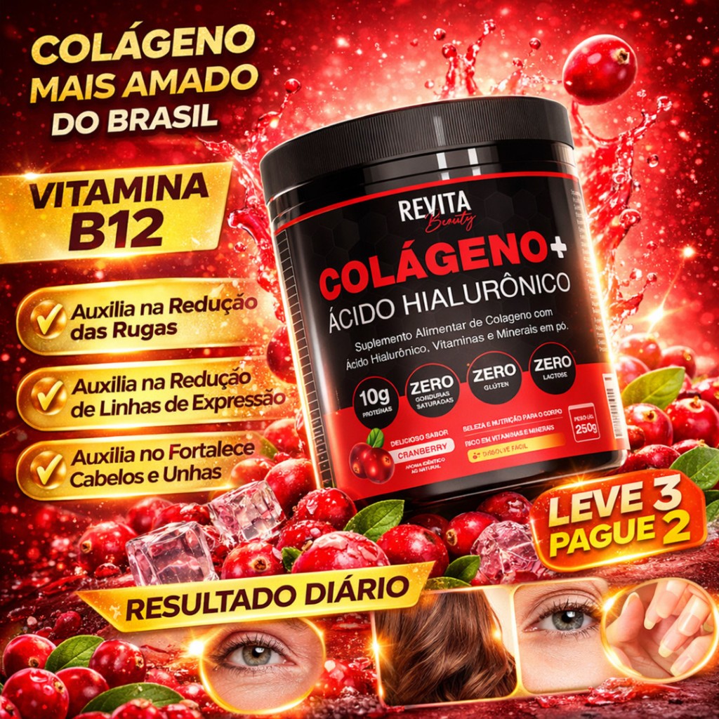 COLAGENO + ÁCIDO HIALURÔNICO REVITA BEAUTY SABOR CRANBERRY, TANGERINA E LIMÃO - ENVIO IMEDIATO