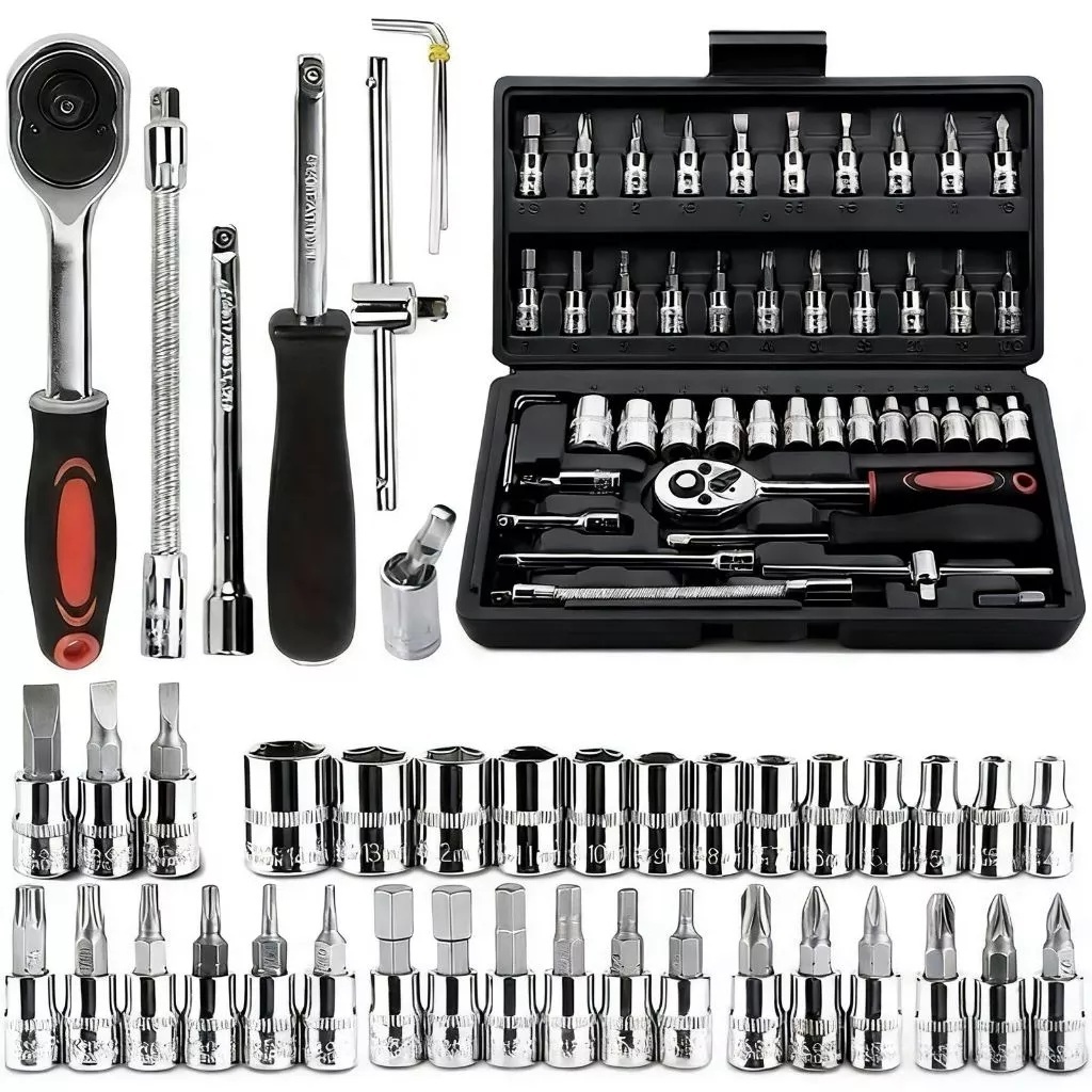 Kit De Ferramentas 46 Peças Jogo De Soquetes Chave Catraca Reversível Com Maleta Jogo Completo