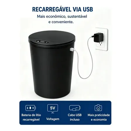 Lixeira Inteligente Automática Com Sensor Para Cozinha E Banheiro, 16 Litros Preto Preto-a1
