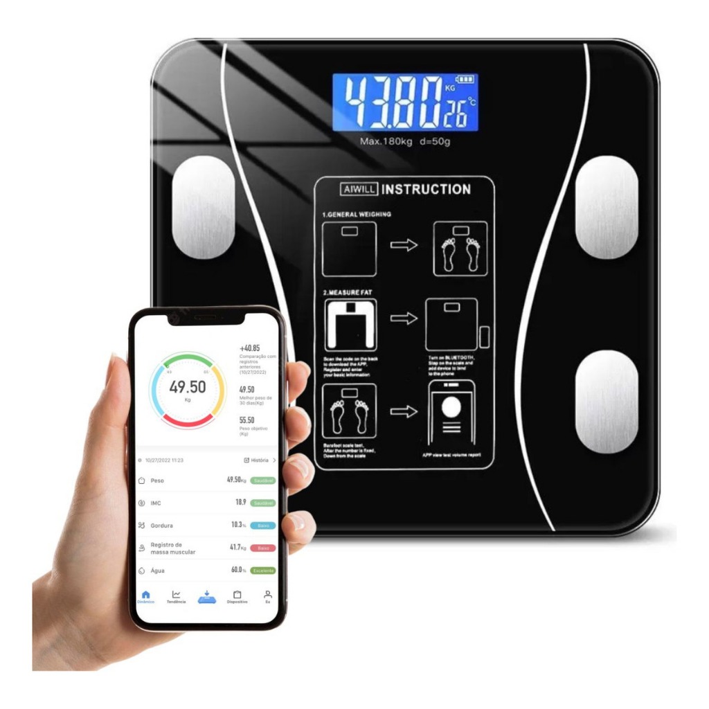 Balança Bioimpedância Digital 180kg Smart Imc Profissional