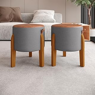 Kit Puf Puff Banqueta Redondo Linho Com Couro 42x34x34 Luma Luxo Decorativo Retro Vintage Casa Jd