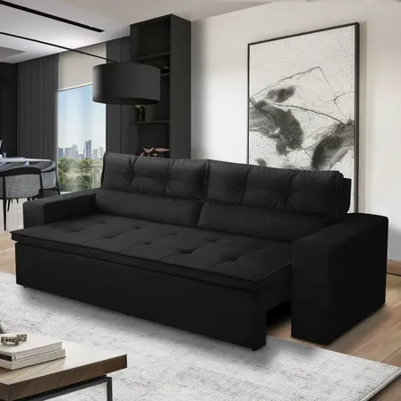 Sofá Retrátil Reclinável 3 Lugares C Molas 1,80m Vegas Suede Cor Preto Liso
