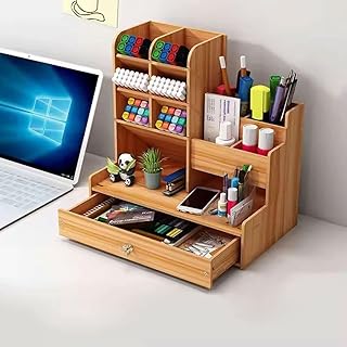Organizador de Mesa em MDF com Gaveta, Porta Canetas e Nichos, Acabamento Amadeirado para