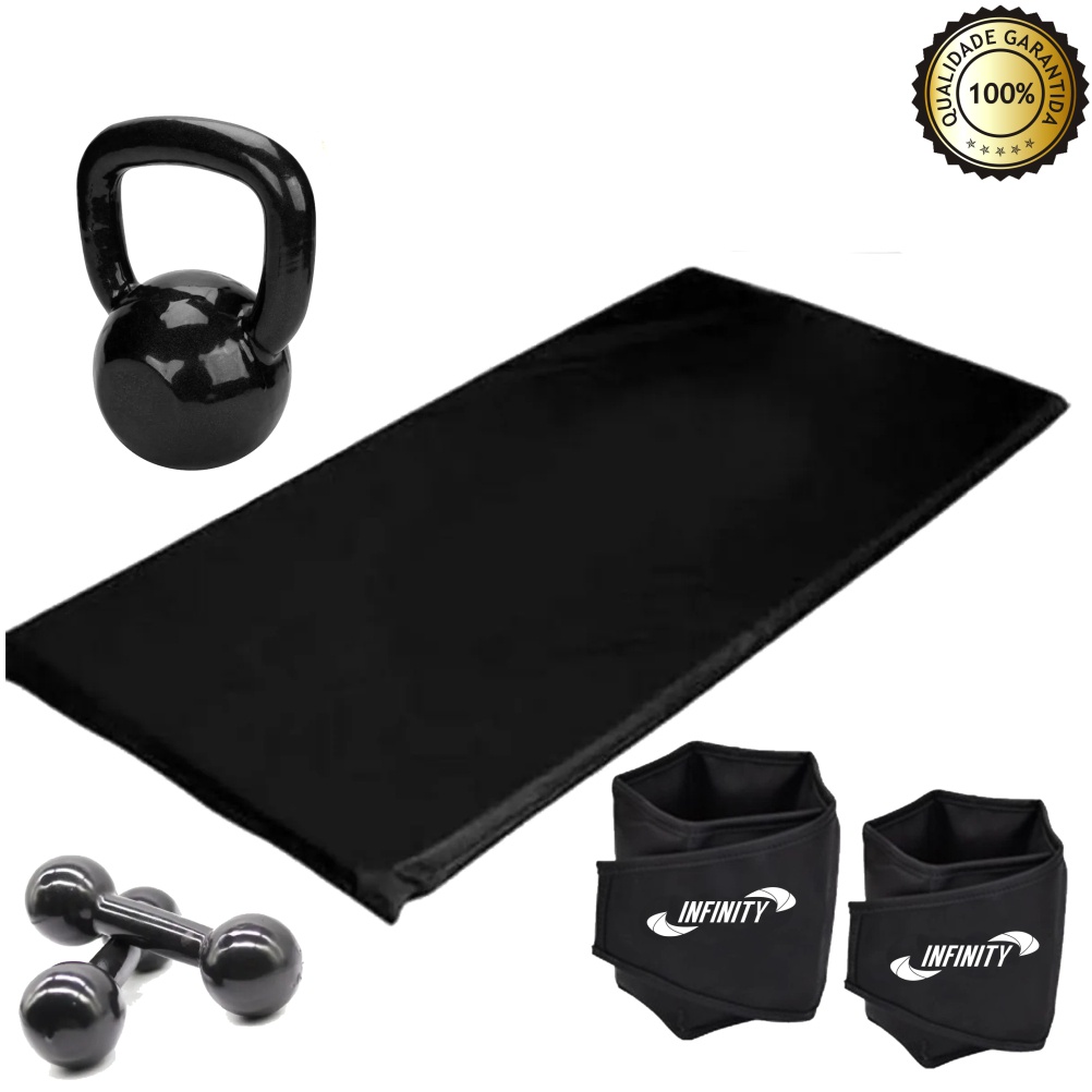 Kit Funcional Em Casa Caneleira 1 Kg + Colchonete + Halter 1 + Kettlebell emborrachado 4 kg