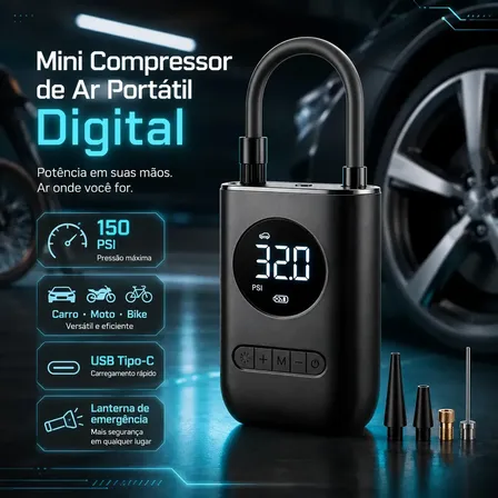 Compressor De Ar Digital Mini Portátil Recarregável Usb-c Para Pneus De Bicicleta Moto Carro Bolas Infláveis Preto 127/220v 60 Hz Monofásica