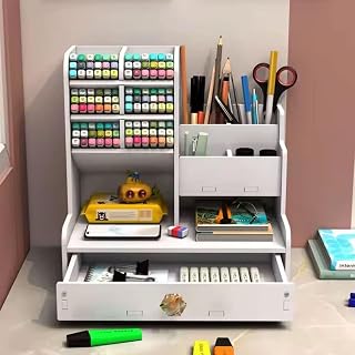 Organizador de Mesa em MDF com Gaveta, Porta Canetas e Nichos, Acabamento Amadeirado para
