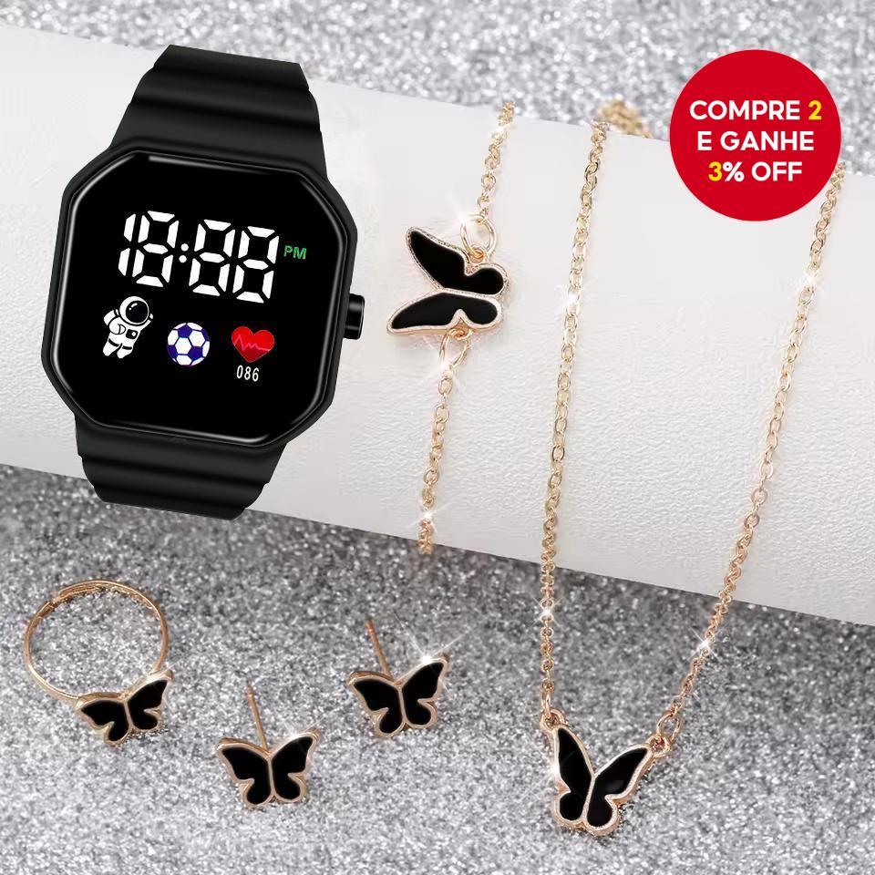 Conjunto De Relógio Digital Feminino Elegante De 6 Peças-Pulseira De Silicone Com Tela LED , E