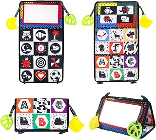 Brinquedos infantis com espelho para bebês da Tummy Time – livros de alto contraste preto e branco
