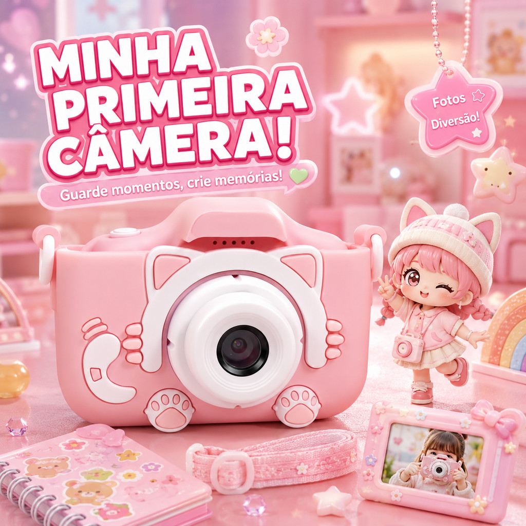 Câmera Digital Infantil HD com Jogos e Filtros, Excelente Presente de Aniversário Infantil