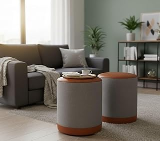 Kit Puff Banqueta Redondo Linho Com Couro 42x34x34 Oreon Luxo Decorativo Retro Vintage Casa Jd