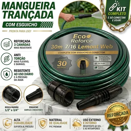 Mangueira Jardim 30m Metros Com Esguicho Trançada Reforçada Flexível 7/16 Anti Dobra Irrigação