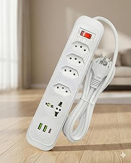 Extensão Elétrica 2 Metros, 5 Tomadas, 2 Saídas USB, 1 Saída TipoC, Botão de Liga e Desliga, Régua
