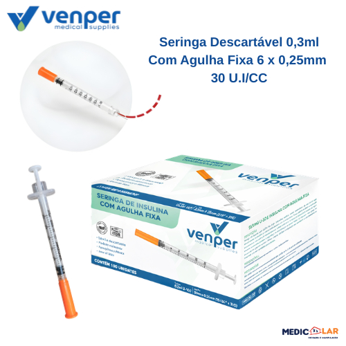 Seringa De Insulina Botox 0,3ml 30ui C/agulha Fixa 6mm X 0,25mm 31g - Venper