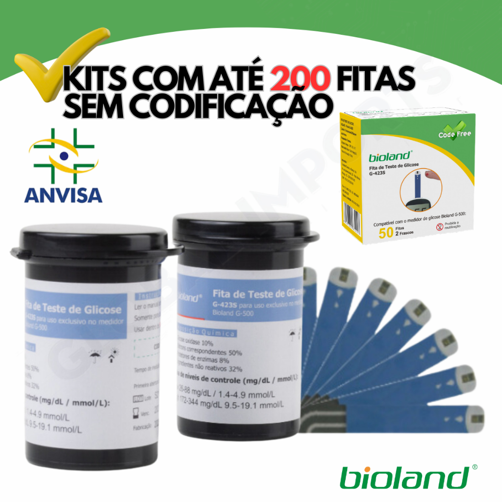 Fita De Glicose Reagentes Teste Medir Glicemia Bioland Kits com 25 50 100 150 200 Tiras