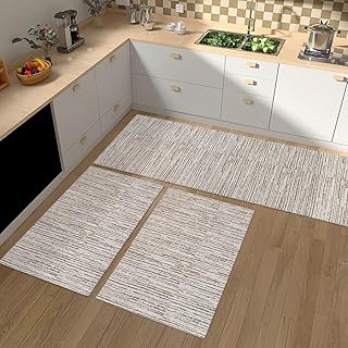 Kit Tapetes de Cozinha Jacquard Antiderrapante 3 Peças Passadeira Capacho Rústico Mesclado Cru Bege