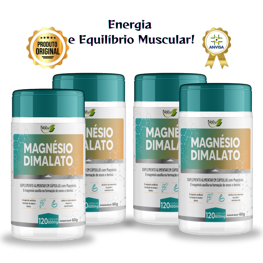 MAGNÉSIO DIMALATO Puro 600mg Com 120 Cápsulas Concentrado - 2 Meses por Pote Lair Ribeiro