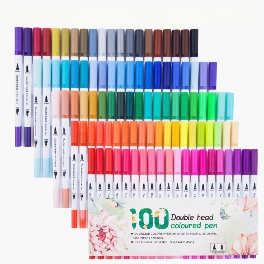 100 Cores 2 Em 1 Brush Lettering E Ponta Fina Dual Pen Canetinha Colorir Desenho