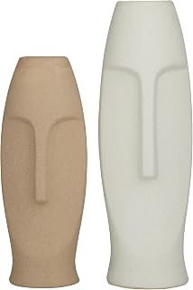 Deco 79 Vaso decorativo tribal de cerâmica com cabeça de ilha de Páscoa, conjunto de 2 vasos de flores para decoração de casa 38 cm, 30 cm A, bege