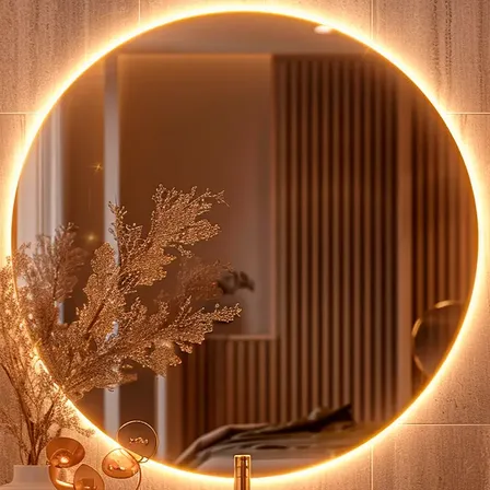 Espelho Redondo 50cm C/ Led Para Parede Quarto Banheiro Sala Moldura Redondo 50cm Led Quente
