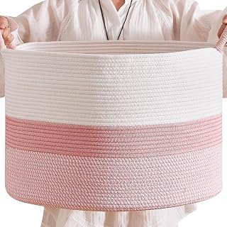 Cesta redonda de armazenamento de corda de algodão – 55 x 35 cm – linda caixa de berçário, organizador de brinquedos para bebês, organizador rosa para decoração de casa, solução multiuso