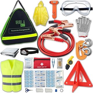 HolaKit Kit de emergência automotiva, kit de emergência de carro de 55 peças com cabos jumper, kit de primeiros socorros, martelo de segurança, óculos, cordas de reboque e mais acessórios essenciais