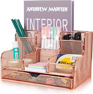 Barelove Organizador de mesa em ouro rosa com gaveta deslizante, suporte grande para lápis de mesa de escritório com 7 compartimentos, ótimo para casa, material escolar, papelaria, livro, iPad