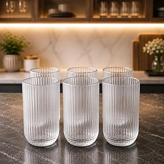 Jogo 6 Copos de Vidro Canelado Premium 430ml Elegante Resistente Transparente para Água Suco Drinks Mesa Posta Cozinha