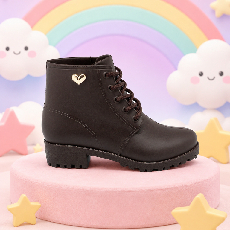 Bota Infantil Menina Coturno Cano Curto Coração Feminina Blogueira Juvenil Tratorada