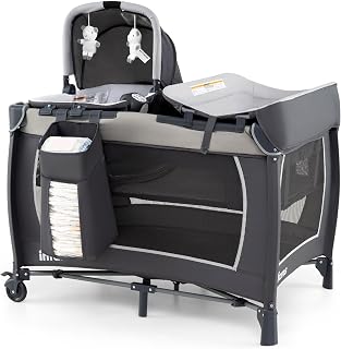 INFANS Pacote 4 em 1 e brinquedo, berçário portátil para bebês, playard de viagem com berço,