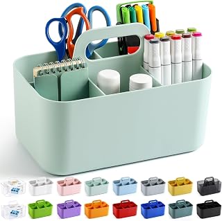 Organizador multiuso com alça – caixa de plástico empilhável – materiais de artesanato, escritório, mesa, suporte de caneta de papelaria, cozinha, utensílios, maquiagem, banheiro, chuveiro, limpeza