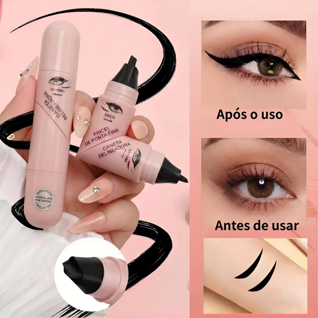 Caneta Delineadora Carimbo Ponta Dupla | Delineado Gatinho Perfeito em Segundos | À Prova D’Água e Longa Duração