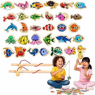 Pescaria Magnética de Madeira Infantil Educativa Montessori 30 peixinhoseixinhos Coloridos com 2 Varas Brinquedo Educativo