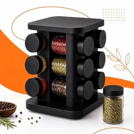 Porta Temperos Giratório 360° Com 12 Potes de Vidro 85ml Tampa Inox Organizador de Temperos Con