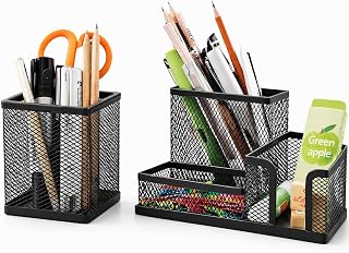 Kit Organizador de Mesa e Suporte Porta Canetas Lapis Tesoura Clips Blocos Adesivos Post-it e Acessorios de Papelaria, Metal Aramado Preto com Divisórias Premium para Escritório Home Office Escola