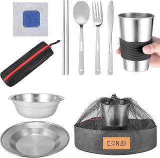 Conjunto de louça de acampamento inoxidável – kit de bagunça de acampamento inclui copos, tigelas, pratos, facas, garfos, colheres, etc., o conjunto de utensílios de mesa de acampamento com saco de