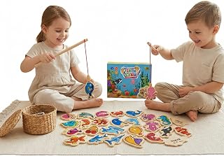 Pescaria Magnética de Madeira Infantil Educativa Montessori 31 Peixinhos Coloridos com 2 Varas Brinquedo Educativo Interativo A Partir de 3 Anos Bilingue