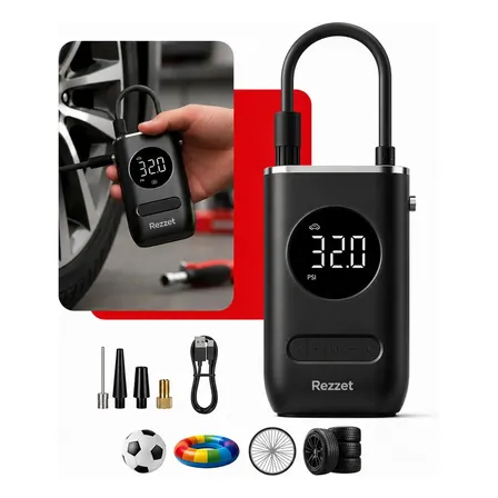 Mini Compressor Digital Portátil Rezzet para Carro Moto e Bicicleta com Calibrador Digital Infl