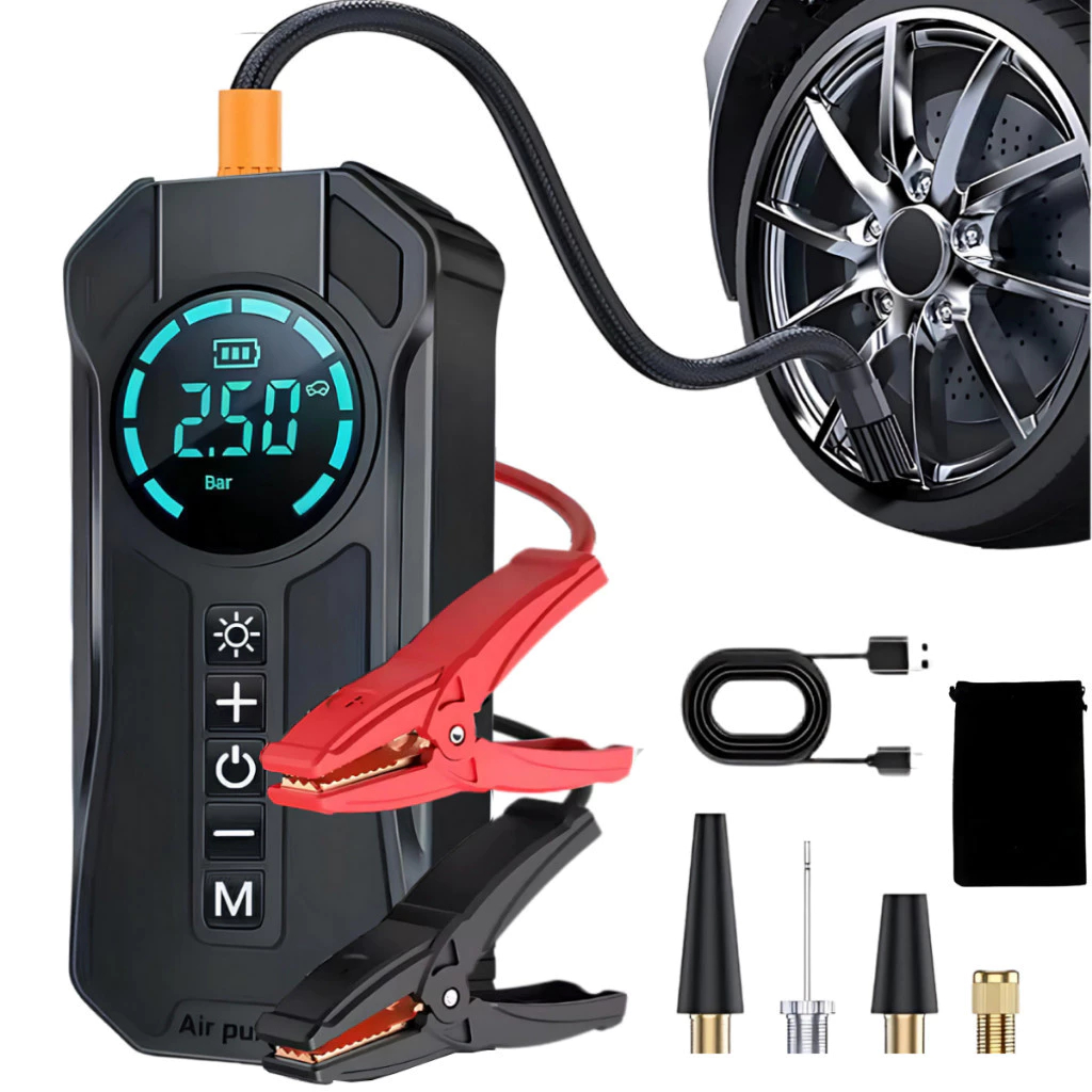 Bomba de Ar Portatil Compressor Inflator Multi-função 4 em 1 PowerBank 8kmah Bateria Calibrador de
