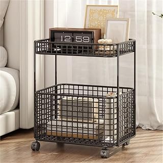 Mesa Lateral De Ferro Forjado, Mesa De Cabeceira, Mesa Lateral Estreita De Sofá De 2 Níveis Com Rodas, Estante Móvel, Carrinho De Utilidades Grande Para Quarto E Casa Com Esp, Black, One Size