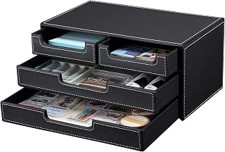 KINGFOM Organizador de mesa de couro PU com 4 gavetas pequeno, gaveta organizadora de mesa para acessórios de material de escritório, caixa de armazenamento de papelaria, suporte de coleção de contas,
