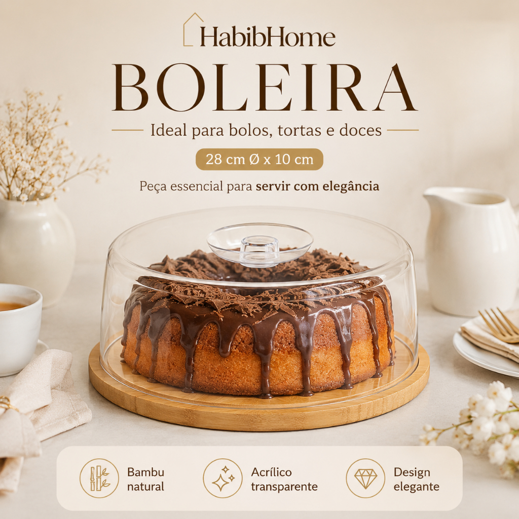 Boleira com Tampa Acrílica e Base de Bambu para Mesa Posta Cozinha Servir Decorar e Organizar