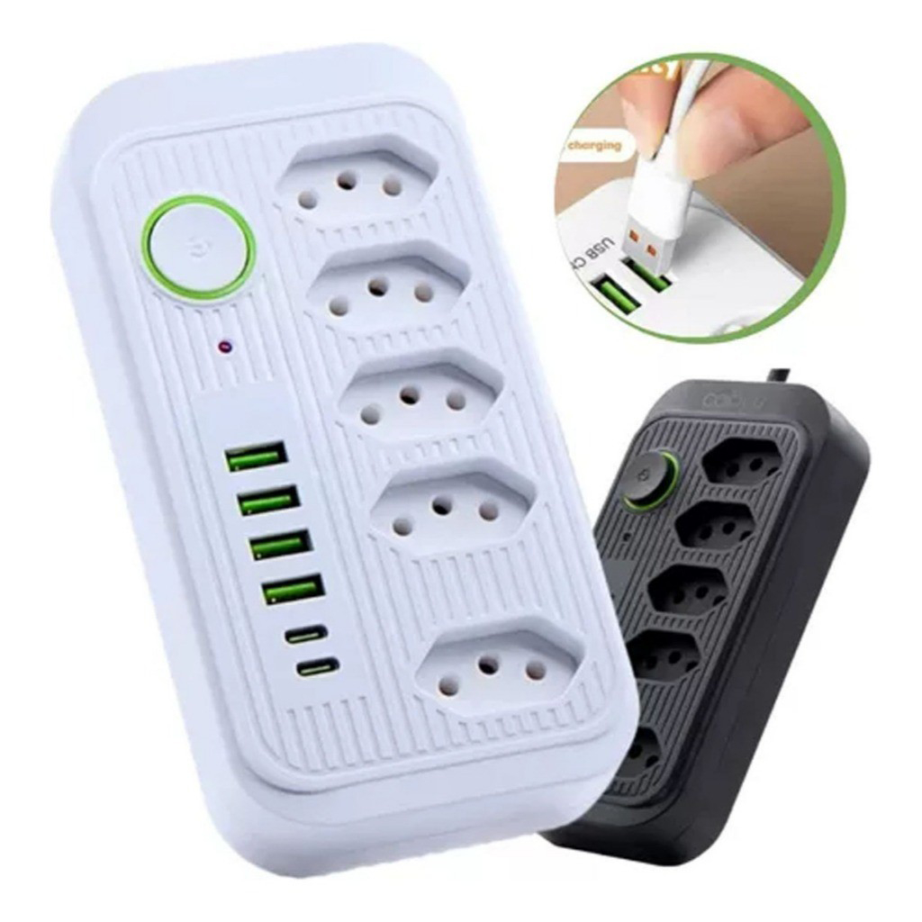 Extensão Tomadas com USB e TypeC Universal Bivolt 110v/220v 2500W Power 2m Filtro De Linha Segurança