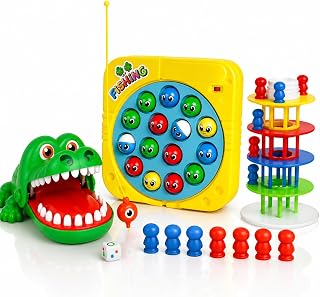 Brinquedos Interativos para Crianças – Pesca, Torre Maluca e Crocodilo Adventure – Kit 3 Brinquedos Divertidos e Educativos para +5 anos