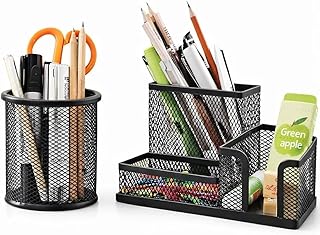 Kit Organizador de Mesa e Suporte Porta Canetas Lapis Tesoura Clips Blocos Adesivos e Acessorios de Papelaria, Metal Aramado Preto com Divisórias Premium para Escritório Home Office Escola