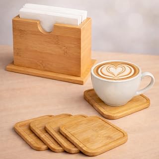 Kit 4 Porta Copo Bambu Quadrado 10x10 cm com Porta Guardanapo de Mesa para Cozinha Mesa Jantar e Café