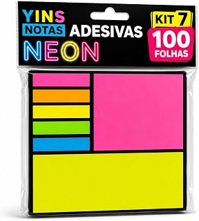 Bloco de Notas Adesivas Neon Colorido 100 Folhas Kit 7 Blocos Post-it Papelaria Escritório Estudo