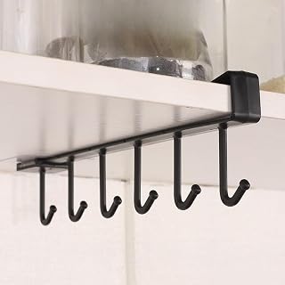 1 rack de armazenamento de cozinha multifuncional montado na parede com 6 ganchos utilitários antiderrapante elegante suporte de copo de plástico para utensílios de mesa (preto)