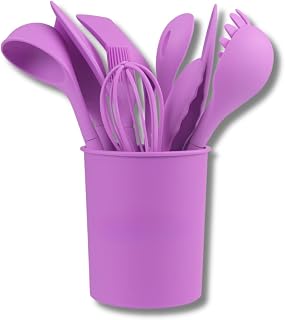 Kit Cozinha Utensílios de 12 peças de Silicone com Cabo de Madeira e Copo Suporte | Antiaderente e Resistente ao Calor (Lilás)